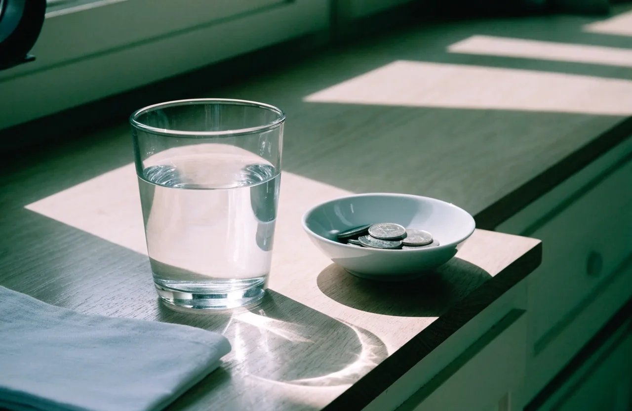Domowe biurko w świetle południowego słońca, na którym ktoś odłożył notatki i szklankę wody